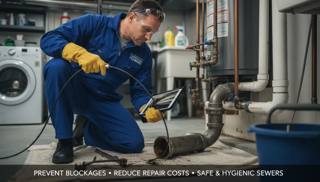 A licensed plumber wearing safety gear inspects and cleans a residential sewer line using professional tools, demonstrating proper sewer maintenance to prevent clogs and damage.