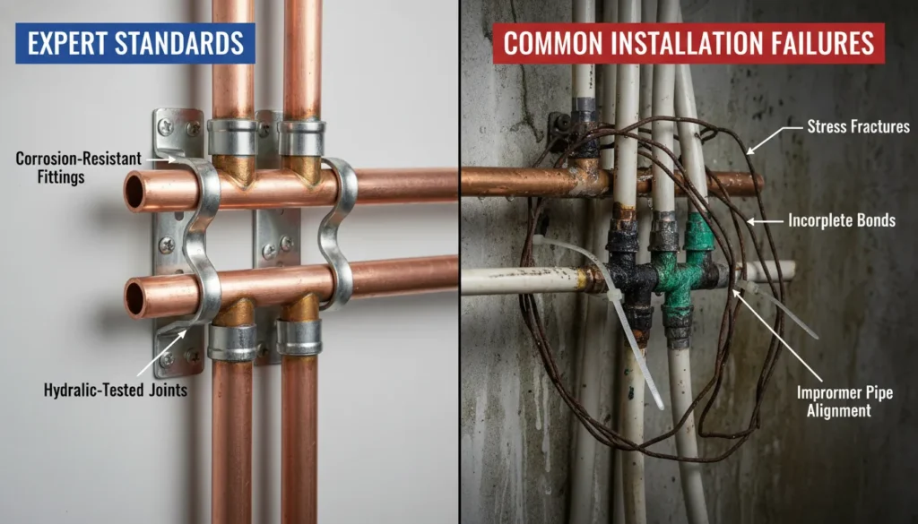 A side-by-side comparison of a high-quality, professional copper pipe installation with clean solder joints versus a corroded, poorly fitted plumbing line showing leaks and mineral buildup.