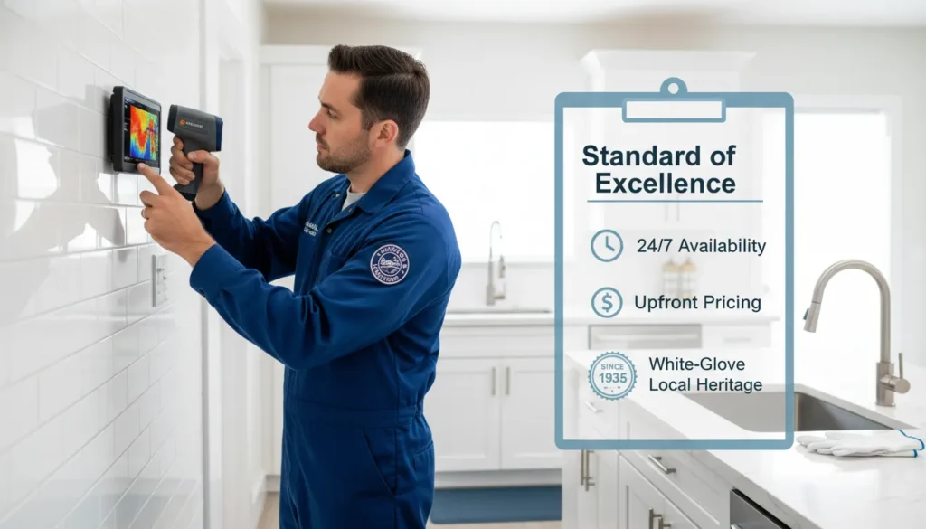 A licensed Kendall plumber in professional uniform performing a precision pipe inspection using advanced diagnostic tools, symbolizing high-quality local service standards.