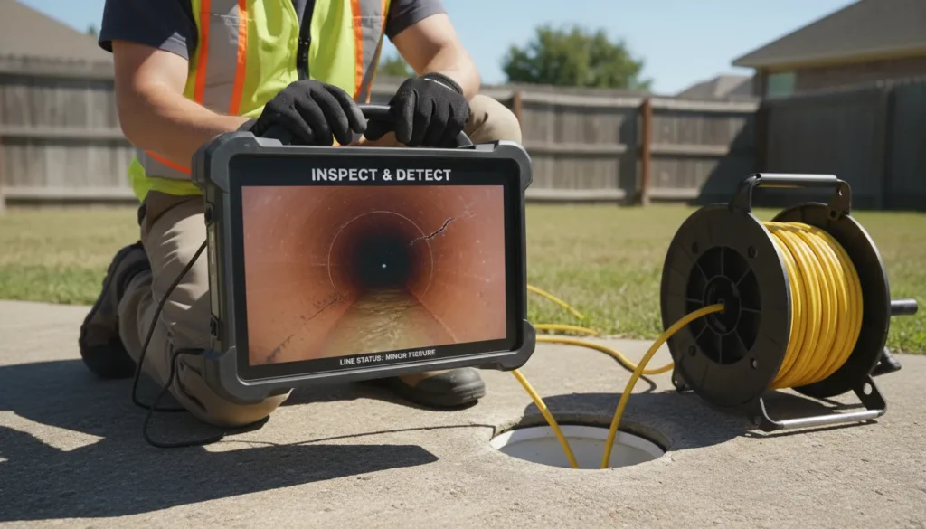 A professional plumber using a high-resolution waterproof camera snake to inspect a residential sewer line for cracks and blockages, displayed on a digital diagnostic monitor.