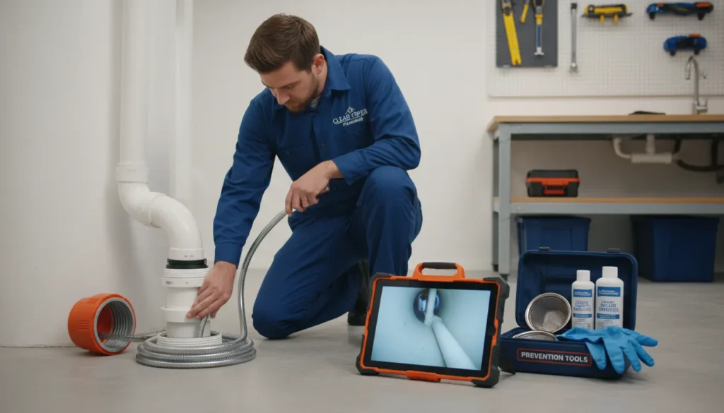 A professional plumber using a modern drain snake and a digital camera inspection tool to clear a residential sewer main line, preventing clogs and backups.