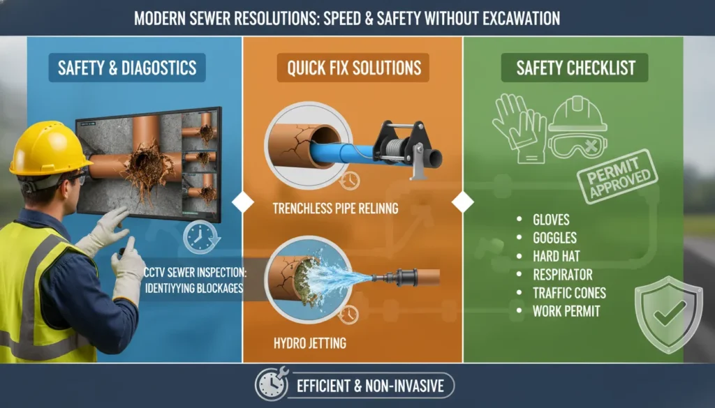 A professional plumber using trenchless repair technology and diagnostic cameras to fix a residential sewer line safely and efficiently.