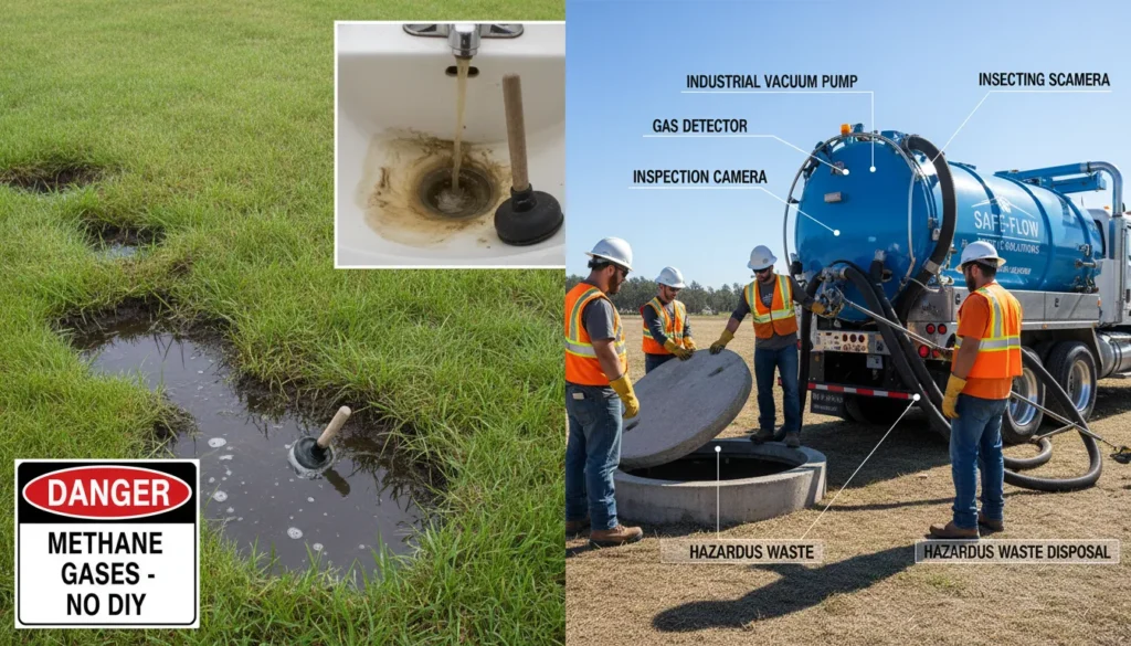 A professional technician inspecting a septic tank near a vacuum truck, highlighting visible warning signs like sewage backups, slow drains, and surface water in the yard.