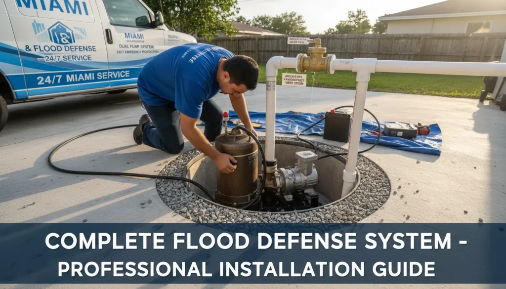 A professional plumber installing a heavy-duty submersible sump pump in a Miami basement, featuring a dual-pump backup system and specialized discharge piping for emergency flood protection.
