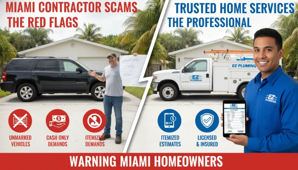 A comparison photo showing an unprofessional worker in an unmarked vehicle next to a professional EZ Plumbing technician in a branded truck with a visible license number.