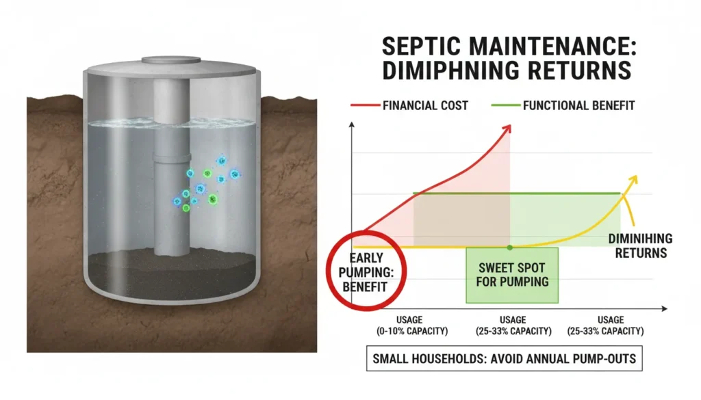 A comparison showing a partially filled septic tank with low sludge levels, illustrating that pumping a tank too early is an unnecessary maintenance expense rather than a system requirement.