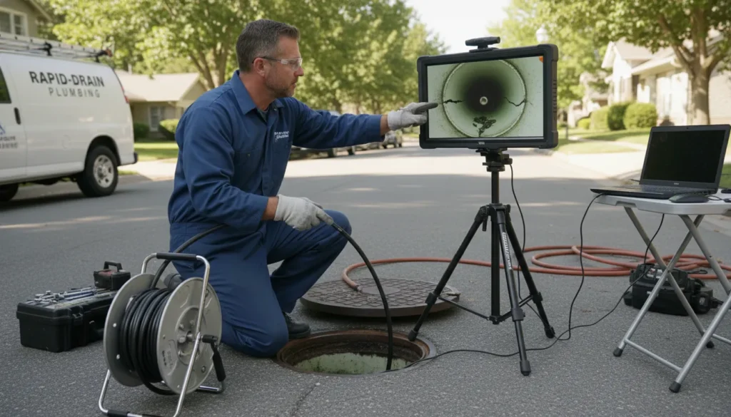 A professional plumber performing a sewer inspection using a flexible camera inserted into underground pipes, showing the interior condition of the sewer line on a monitor.