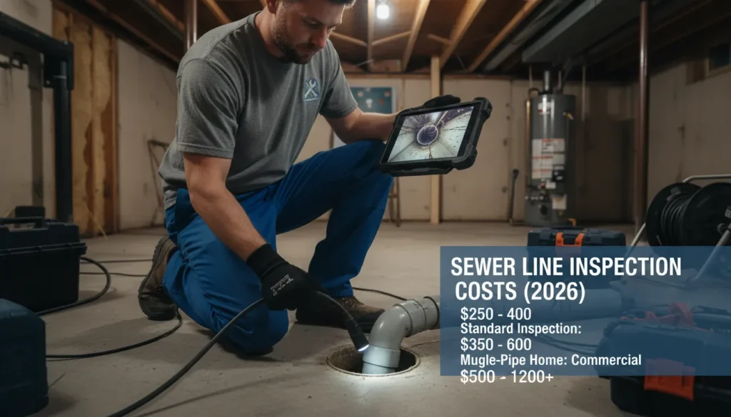 A professional plumber operating a sewer line camera inspection, showing the camera inside a residential sewer pipe, with a visual screen displaying pipe conditions and an overlay of typical inspection costs for 2026.