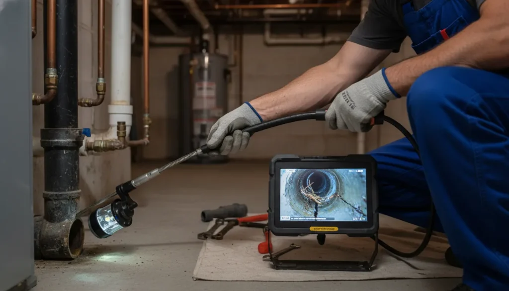 A professional plumber performing a sewer line inspection using a camera probe inside a residential sewer pipe, checking for blockages, cracks, and damage.