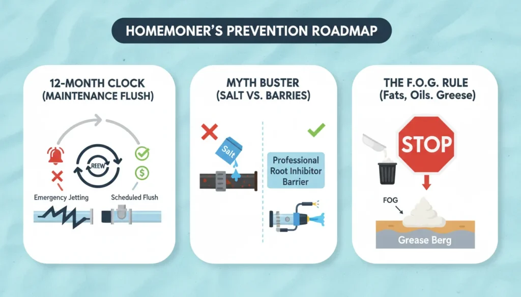 A comprehensive plumbing maintenance infographic showing a 12-month sewer flush schedule, the danger of pouring grease down drains, and a comparison between ineffective salt myths versus professional root barriers.