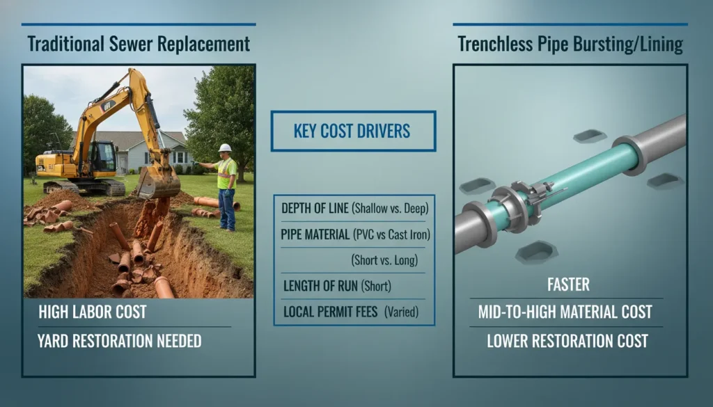 A comprehensive cost breakdown chart and side-by-side visual comparison of traditional dig-and-replace sewer repair versus trenchless sewer lining methods, showing price ranges and equipment used.