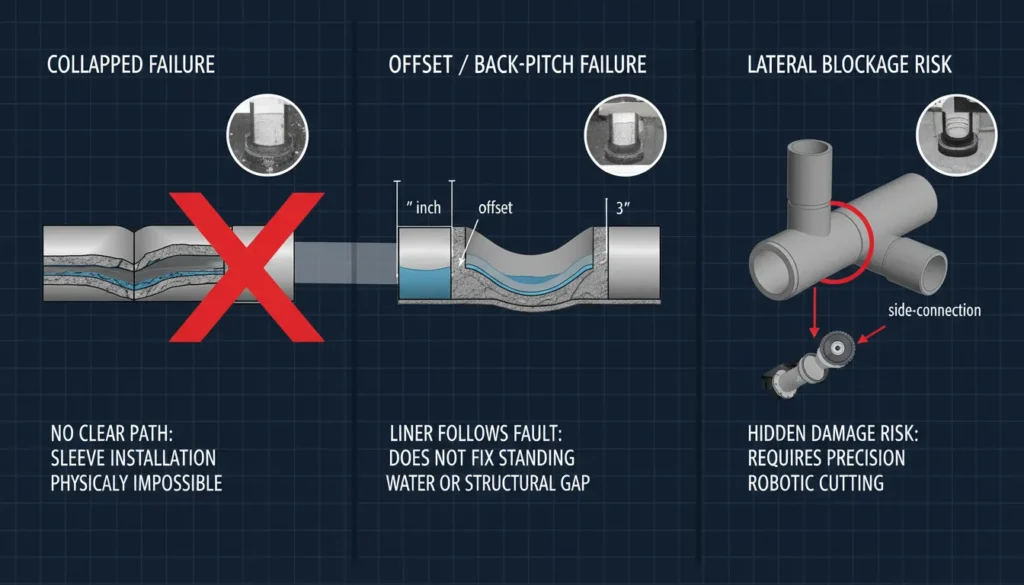 A professional cross-section and sewer camera view showing a collapsed orangeburg pipe and a severely offset clay pipe joint where a sewer pipe sleeve cannot be installed.