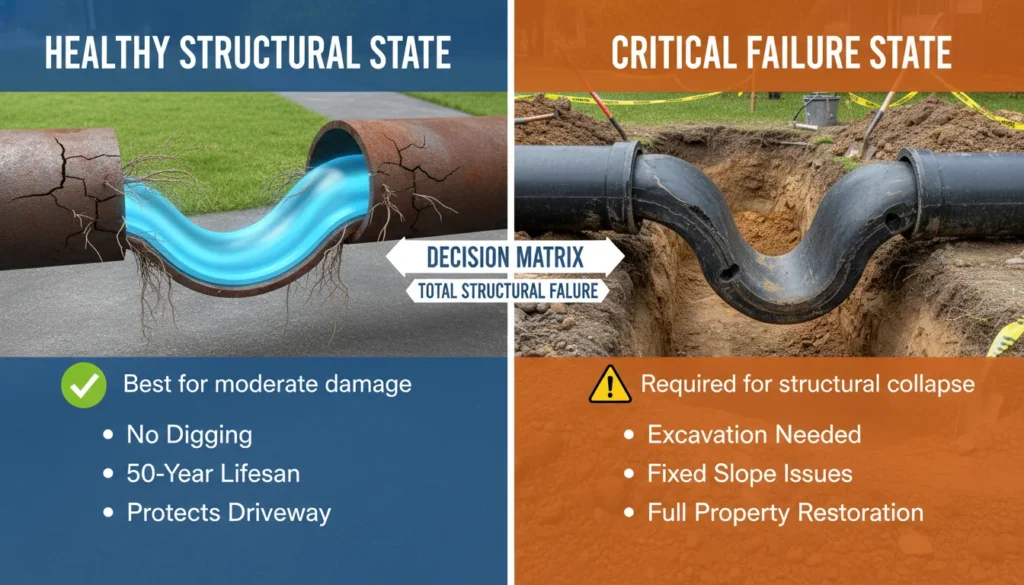 A high-contrast side-by-side comparison showing a structural sewer pipe sleeve being installed in a cracked pipe (left) versus a deep backyard excavation trench for a full PVC pipe replacement (right).