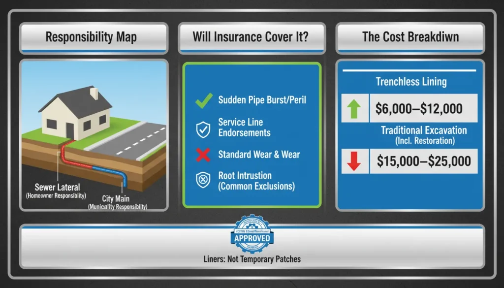 A detailed infographic comparing homeowner vs. city sewer responsibility boundaries, alongside a checklist for insurance coverage and 2026 trenchless pipe lining cost estimates.