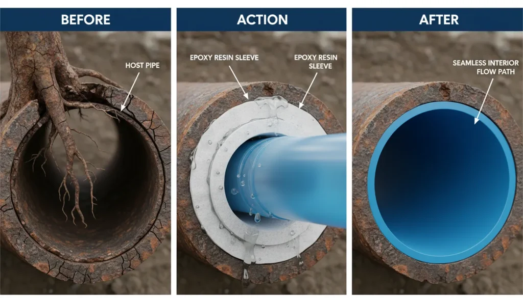 A detailed cross-section of a damaged underground clay sewer pipe being repaired using a flexible epoxy-resin sewer pipe sleeve and an internal inflation bladder, illustrating the "pipe-within-a-pipe" trenchless technology.