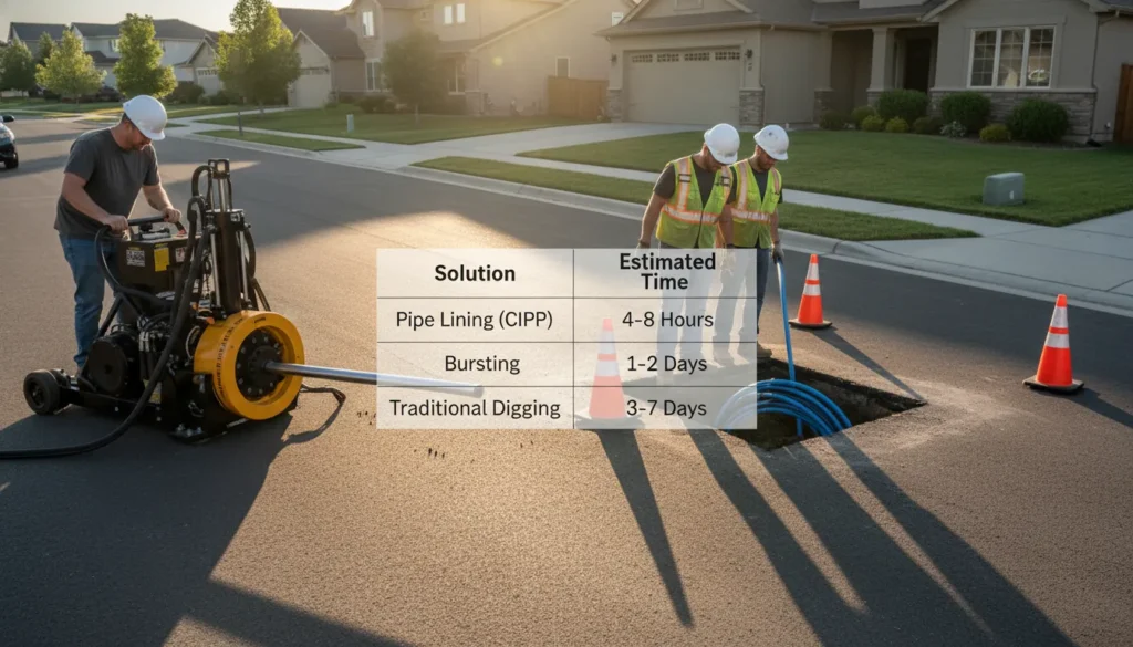 A professional comparison chart overlaying a real photo of a technician performing a trenchless sewer repair, showing time estimates for pipe bursting vs. traditional excavation.
