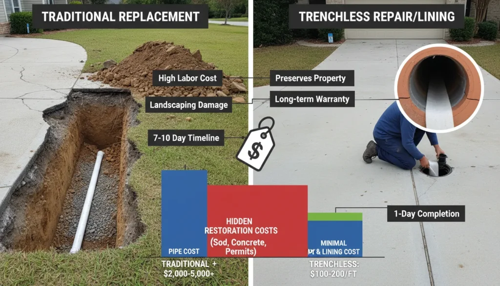 A side-by-side visual comparison of trenchless pipe lining versus traditional sewer excavation, showing cost icons, repair duration, and the impact on a residential driveway and lawn.