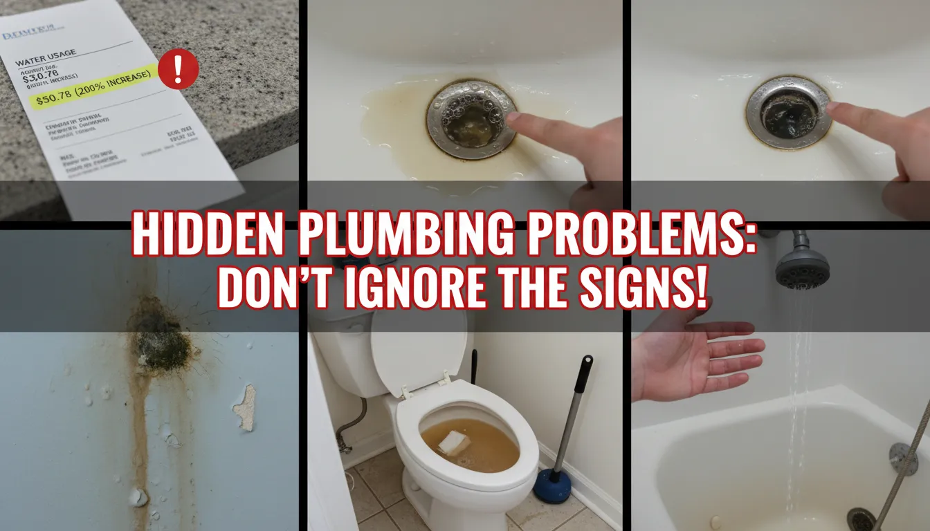 Real home plumbing warning signs including a high water bill alert, gurgling drain, mold on a wall, weak shower pressure, and a repeatedly clogged sink