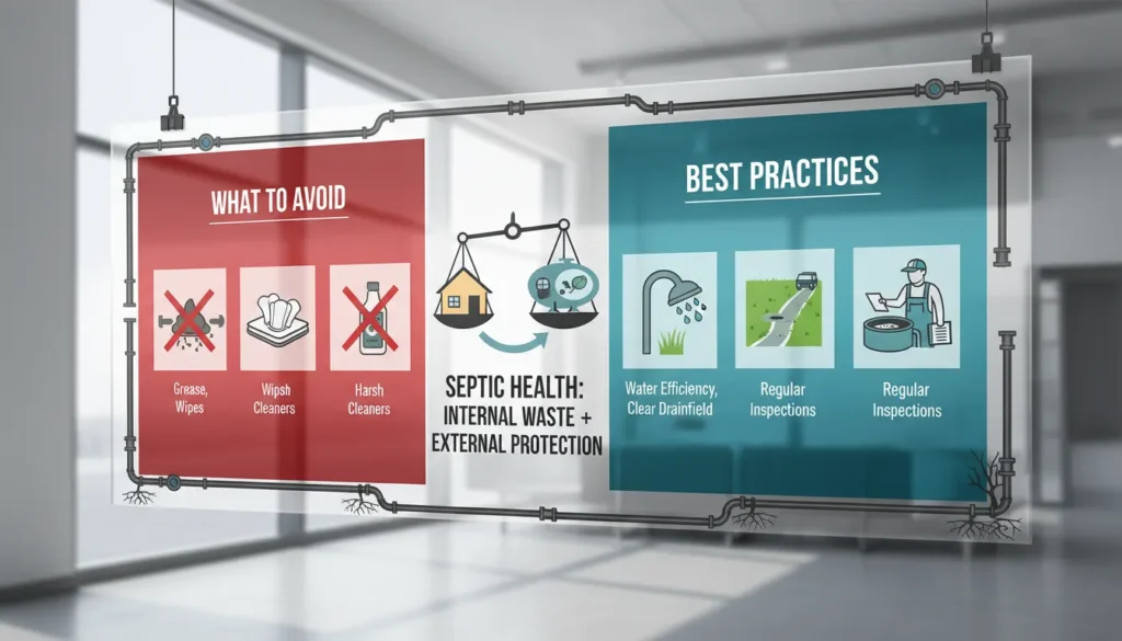 An informative graphic showing essential septic maintenance tips including avoiding grease, minimizing water usage, and protecting the drain field from heavy vehicles.