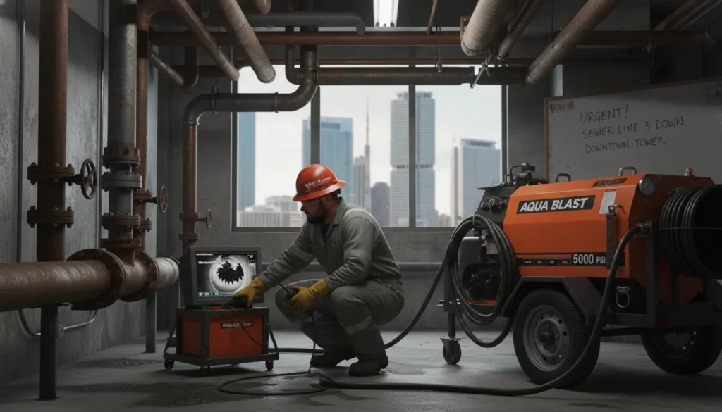 A certified commercial plumber using an industrial hydro-jetter and diagnostic camera to resolve a severe main-line blockage in a high-traffic Miami commercial facility.