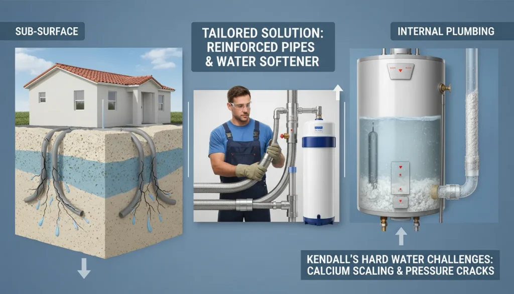 A professional diagram showing a cross-section of Kendall, Florida soil highlighting Oolite limestone pressure on underground pipes and the effects of hard water scaling on home plumbing systems.
