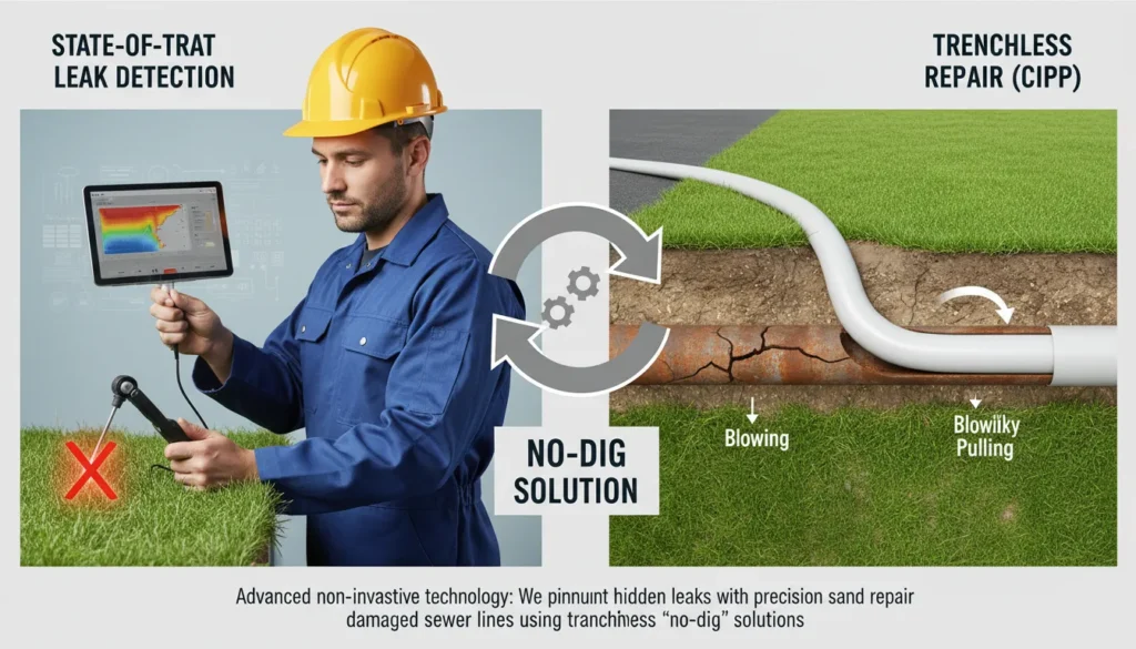 A split-screen visual showing a technician using digital leak detection sensors on the left and a cross-section of a trenchless pipe lining (CIPP) being installed without digging on the right.