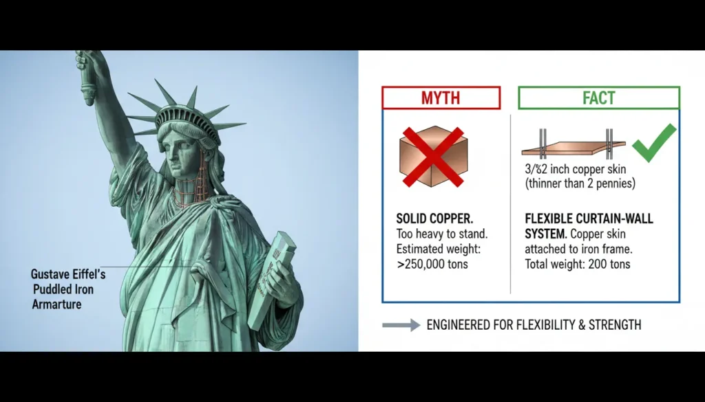 An architectural cross-section of the Statue of Liberty revealing the hollow copper skin supported by Gustave Eiffel’s internal iron framework to debunk the solid copper myth.