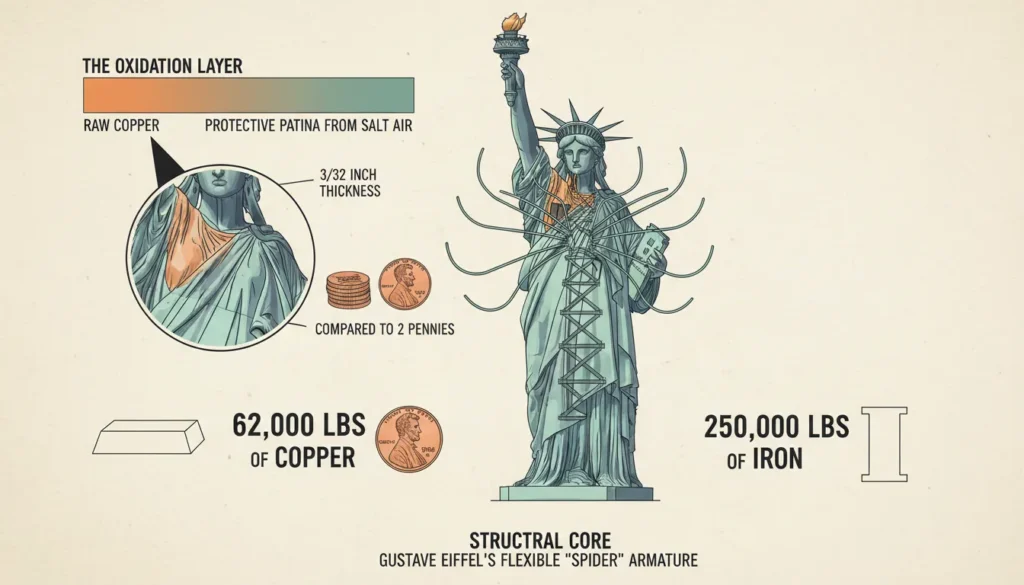 A detailed cross-section diagram of the Statue of Liberty showing the 3/32-inch thin copper skin layers supported by the internal puddled iron pylon and secondary armature framework.