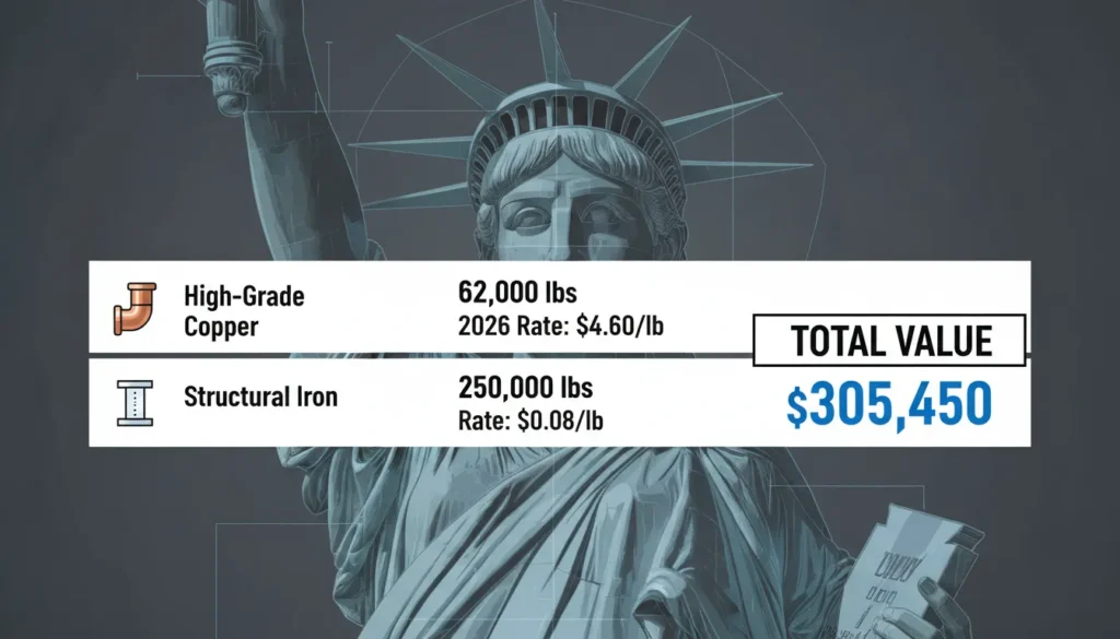 A professional scrap metal valuation chart showing the 2026 market prices for 62,000 lbs of copper and 250,000 lbs of iron used in the Statue of Liberty's construction.