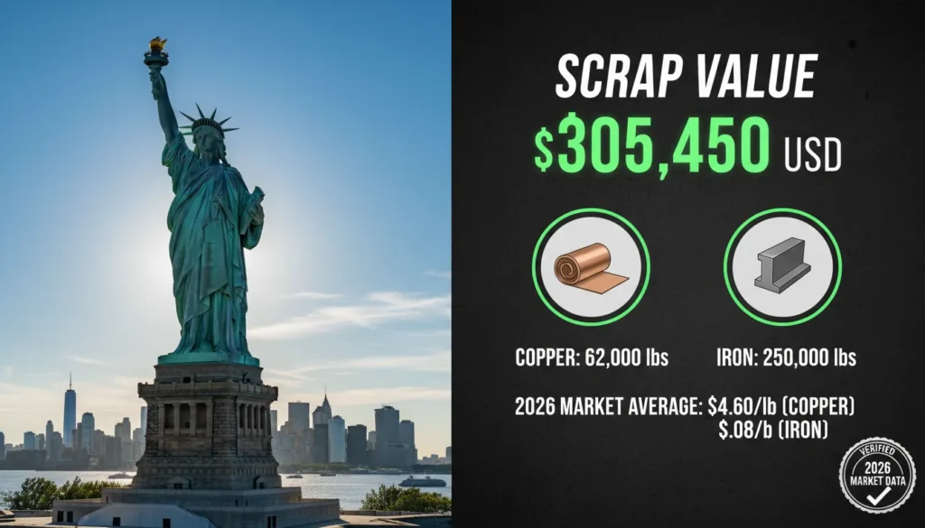 A professional financial infographic showing the Statue of Liberty next to a 2026 scrap metal valuation chart for 31 tons of copper skin and 125 tons of iron framing.