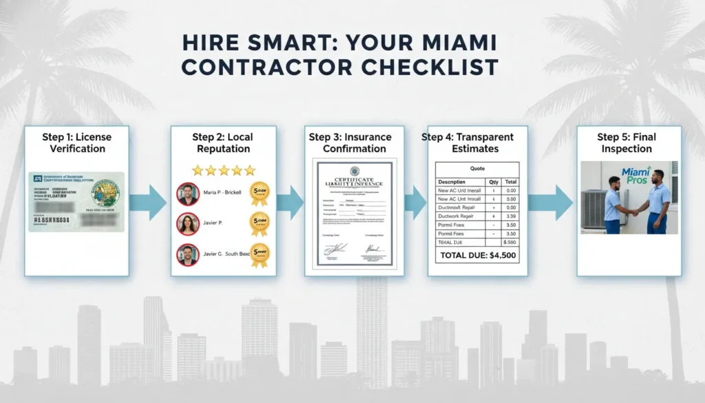 A high-quality, step-by-step infographic showing a homeowner in Miami checking a plumber's license, reading local reviews, and verifying insurance coverage on a digital tablet.