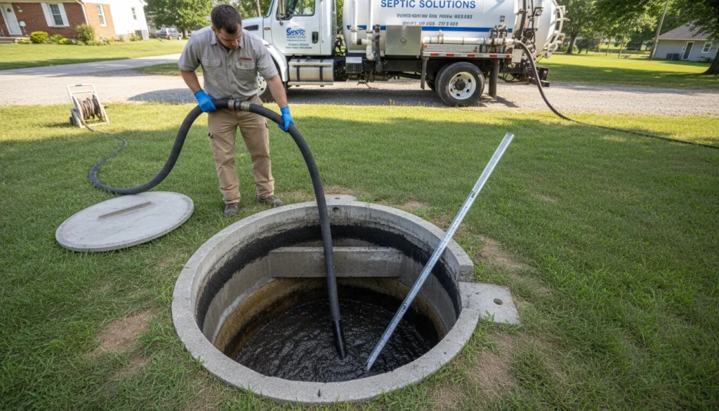 A professional technician using a vacuum truck hose to pump sludge from an open septic tank while inspecting the inlet and outlet baffles for structural integrity.