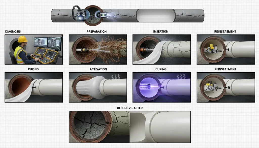 A detailed 7-step diagram showing the trenchless sewer pipe lining process, from HD camera inspection and hydro-jetting cleaning to resin-coated liner insertion, curing, and final robotic cutting.