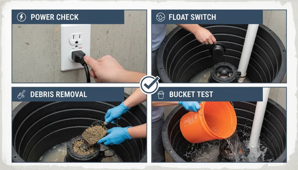 A four-panel instructional image showing a homeowner checking a sump pump's power connection, testing the float switch, clearing pit debris, and performing a water bucket test.