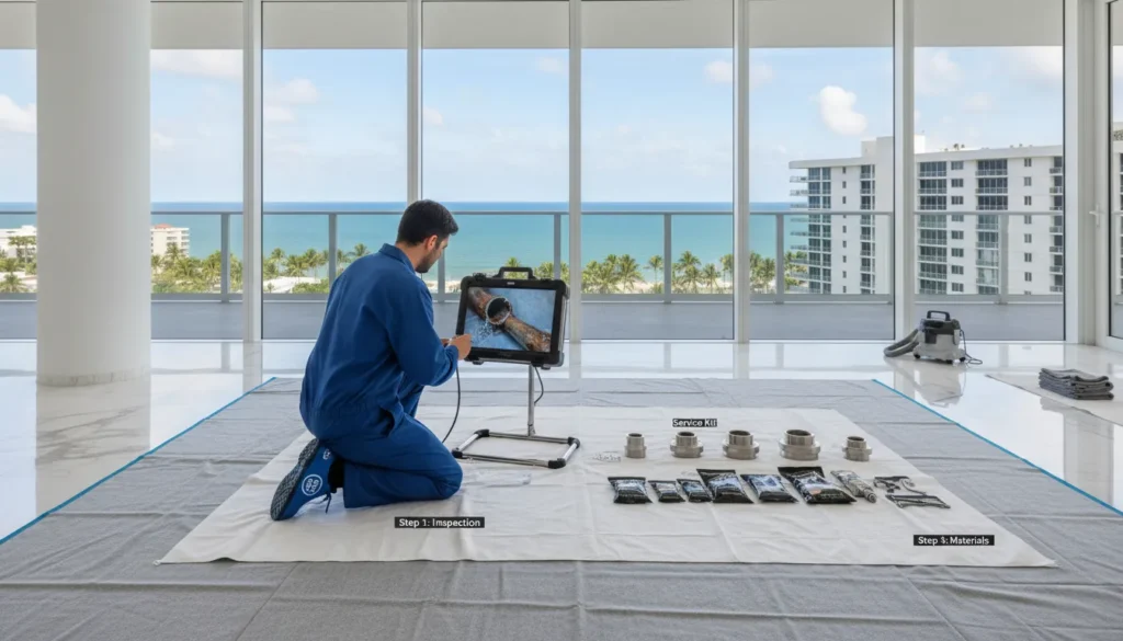 A professional plumber in a luxury Sunny Isles Beach condo using a high-definition sewer camera monitor to systematically diagnose a vertical pipe stack as part of a four-step repair process.