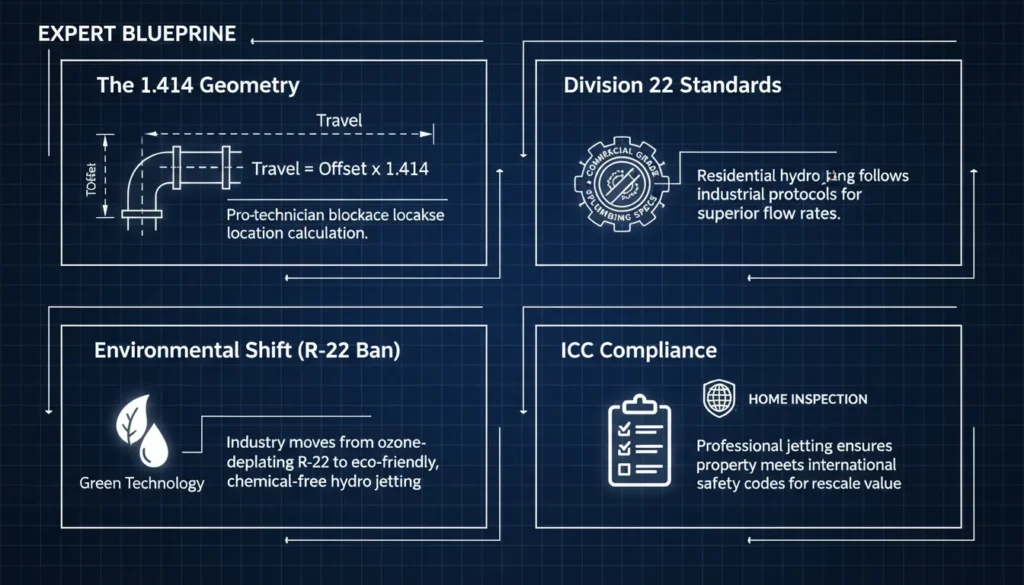 A professional technical plumbing infographic displaying the 1.414 rule for 45-degree pipe offsets, Division 22 commercial standards, ICC compliance icons, and a notice on the R-22 environmental transition.