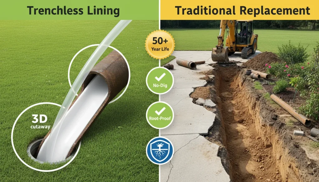 A side-by-side comparison showing a technician installing a seamless epoxy sewer pipe sleeve without digging versus a traditional excavated trench, highlighting property protection and 50-year durability.
