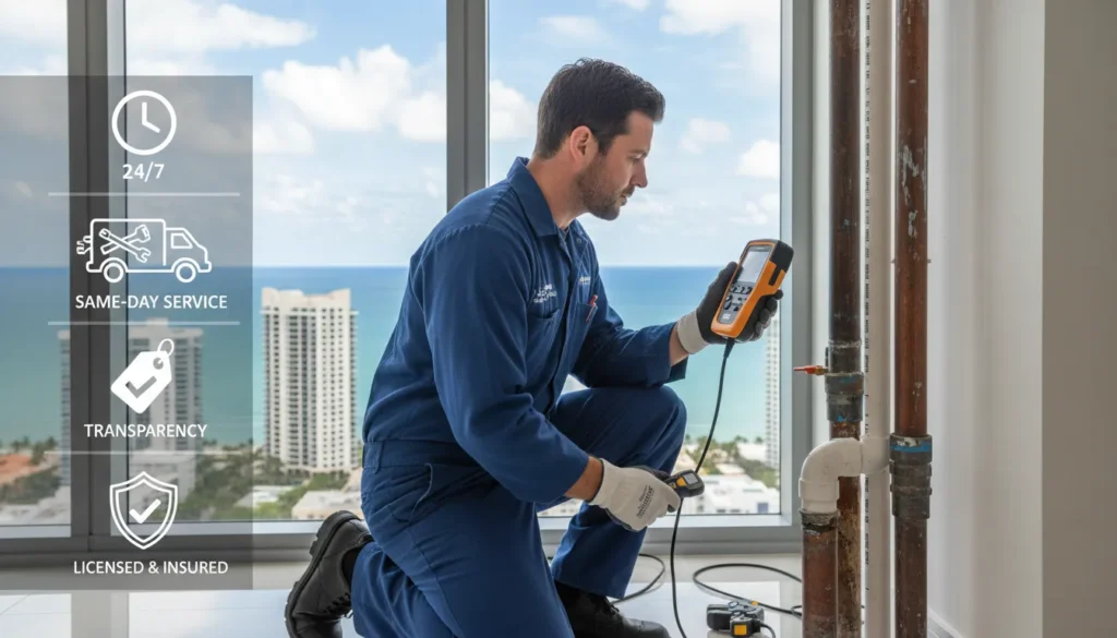 A professional licensed plumber in uniform performing a precision diagnostic on a high-rise luxury plumbing system in Sunny Isles Beach, Florida, showcasing 24/7 reliability and advanced tools.