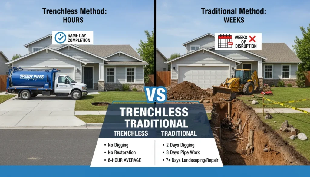Side-by-side comparison showing a 1-day trenchless sewer pipe lining process versus a 2-week traditional excavation sewer repair with a dug-up yard.