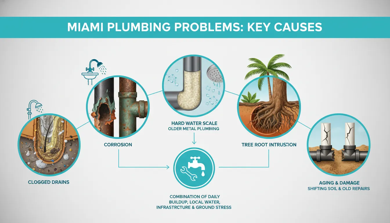 Diagram showing the main causes of plumbing problems in Miami homes including drain buildup, pipe corrosion, hard water scale, tree root intrusion, and aging sewer lines