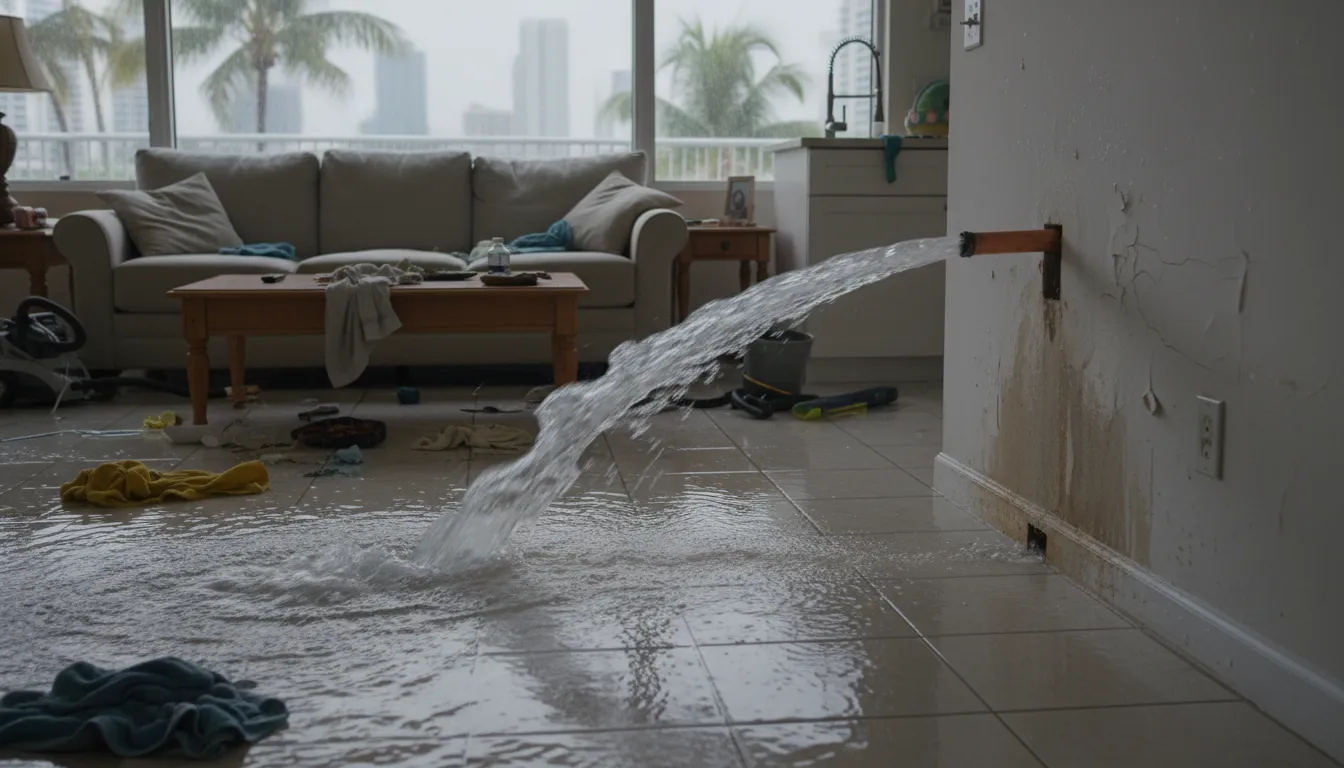 A burst pipe causing flooding in a Miami home, illustrating how small plumbing issues can escalate into emergencies.