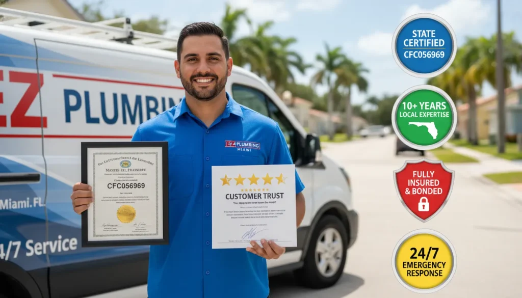 A professional EZ Plumbing contractor in a branded uniform standing in front of a service van, holding a Florida Master Plumber license certification and a 5-star customer review board in Miami, FL.