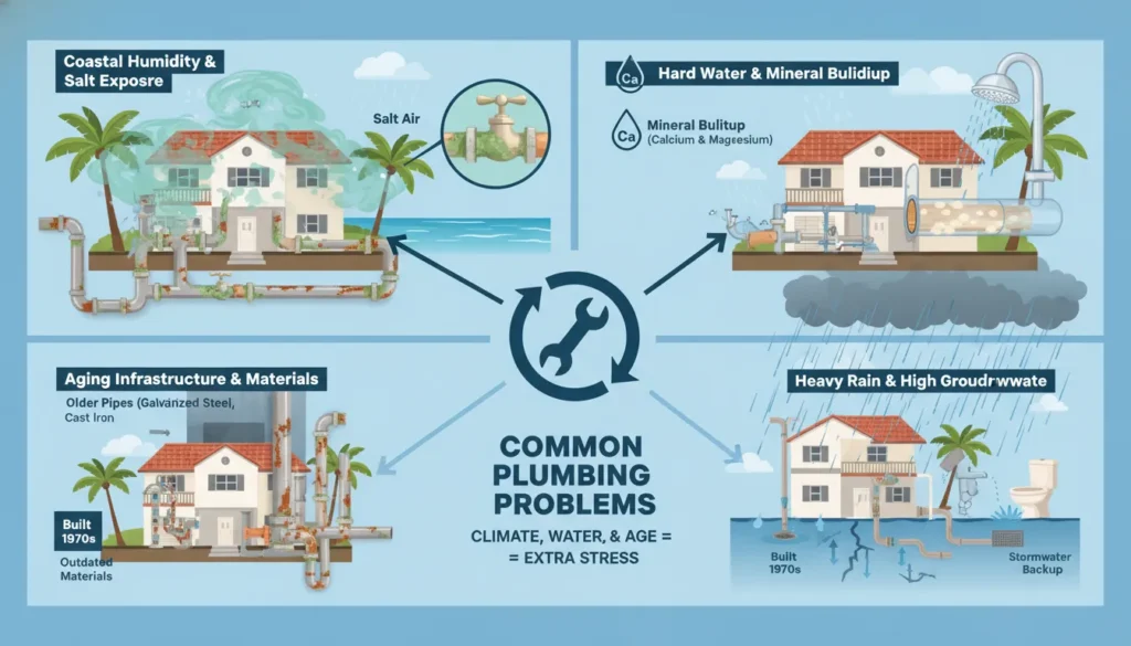 Illustration-style real image showing a Miami home with coastal humidity, salt air, hard water buildup, aging pipes, and heavy rain affecting the plumbing system
