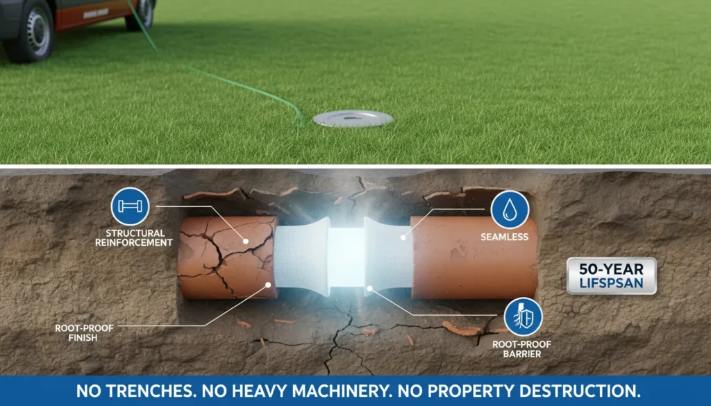 A professional cross-section diagram showing the trenchless sewer line restoration process where a new epoxy liner is being pulled through an existing damaged pipe without any surface excavation.