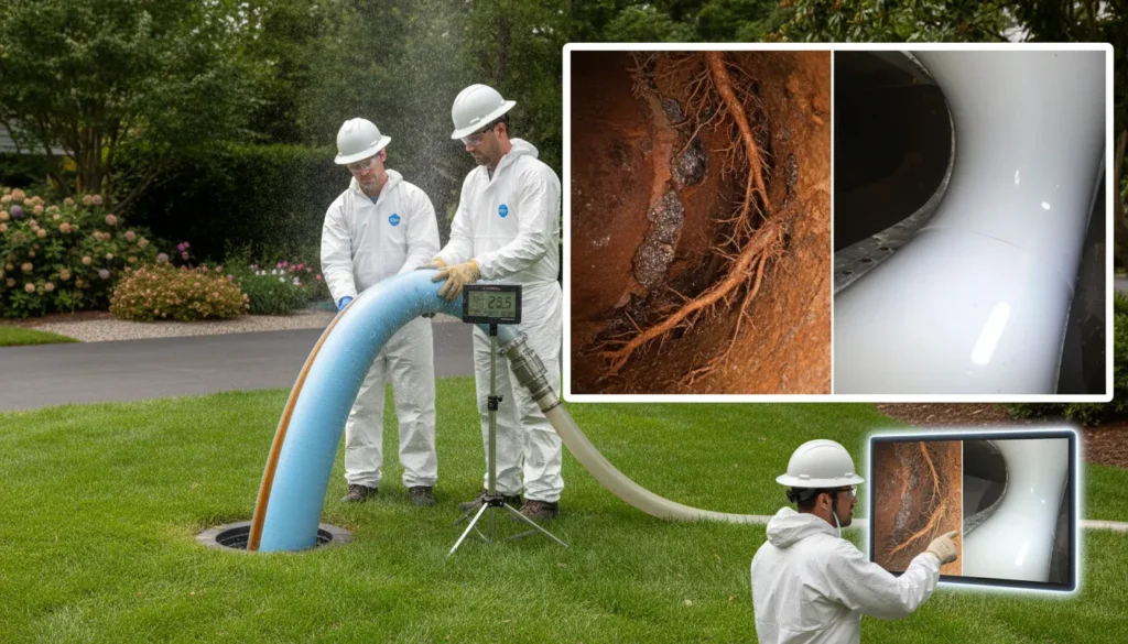 A professional technician demonstrating the trenchless sewer repair process by inserting a specialized CIPP liner into an existing pipe without excavating the surrounding ground.