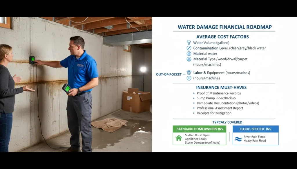 A professional cost and insurance guide for basement flood restoration showing a technician inspecting water damage alongside a clipboard with a claim checklist and estimated repair costs.