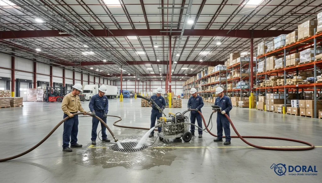 Professional plumbers performing high-capacity industrial drain cleaning and hydro-jetting in a large Doral logistics warehouse facility.
