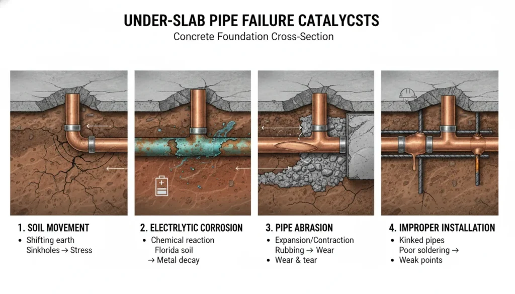 A professional diagram illustrating the four main causes of slab leaks: soil shifting, pipe corrosion, abrasion from thermal expansion, and poor initial construction.