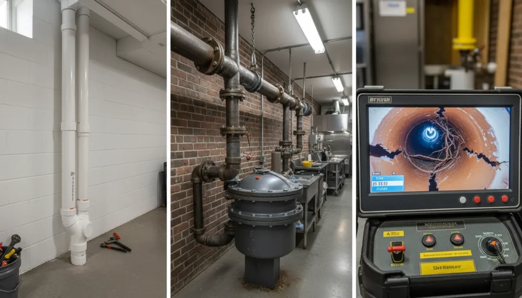 A split-screen comparison showing a modern residential PVC sewer pipe, a large-scale commercial metal drainage system, and a corroded clay pipe from an older home being inspected with a camera.