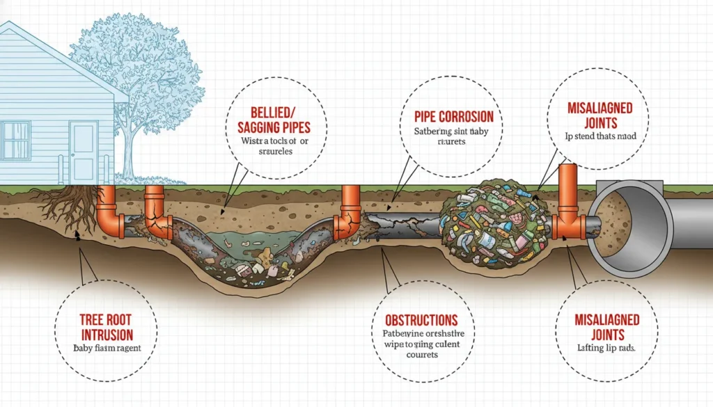 A detailed diagram of a residential sewer system showing common issues like tree root intrusion, pipe corrosion, sagging lines, and grease blockages in the main lateral and drain pipes.
